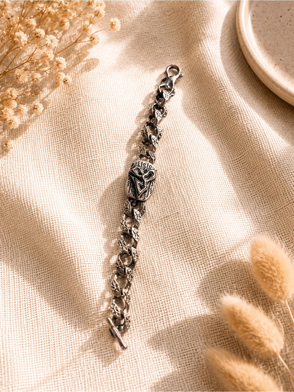 Ornate Silver-Tone Chain Bracelet with Shield Motif